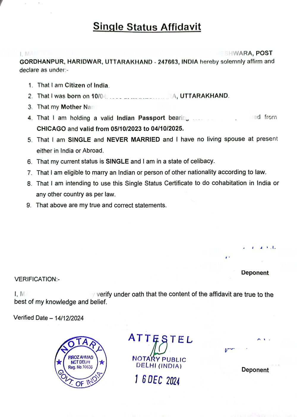 Sample of Affidavit for Court Marriage of Indian Citizens