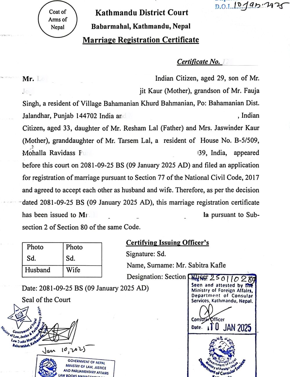 Court Marriage Certificate from Nepal in English