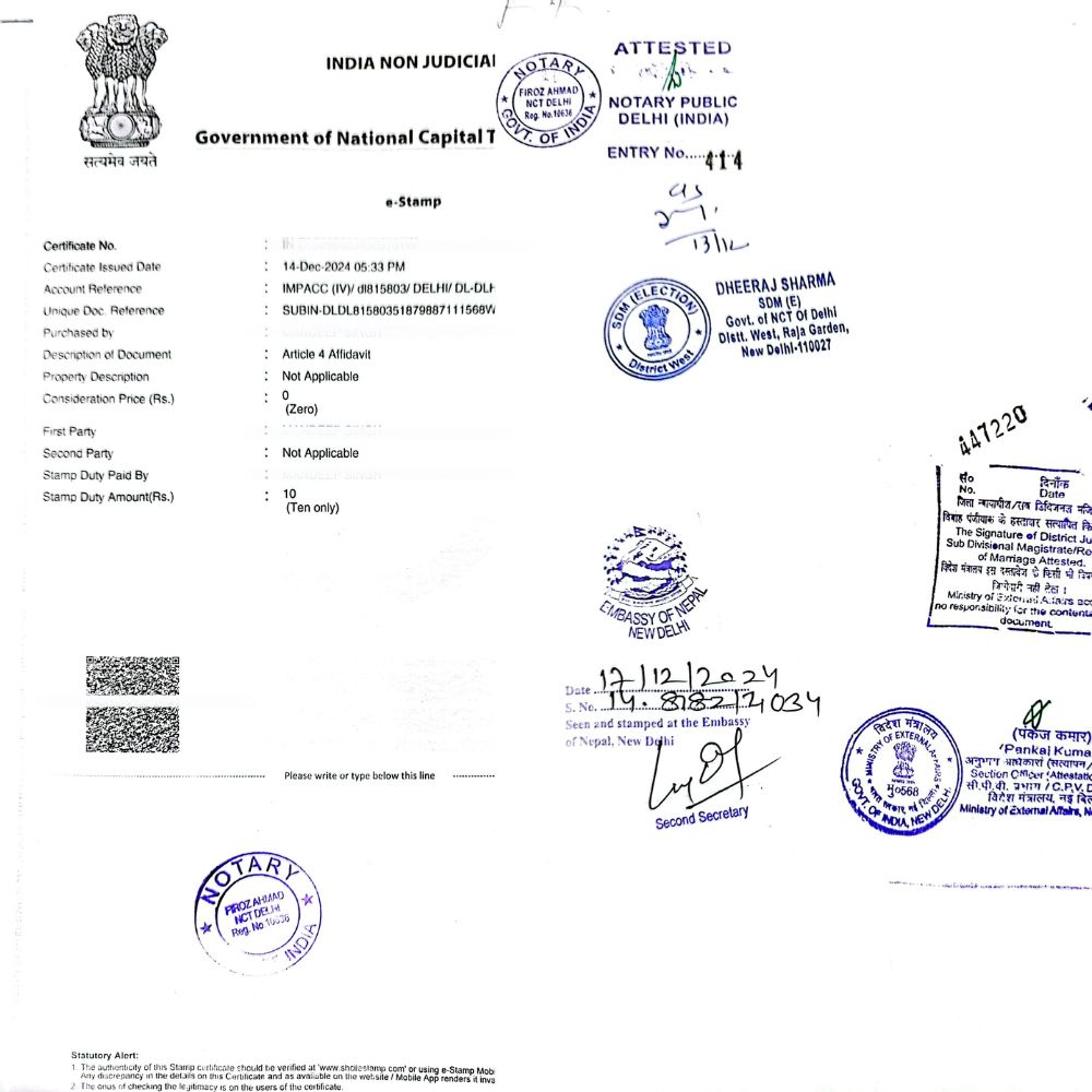 Affidavit from India and Attestation